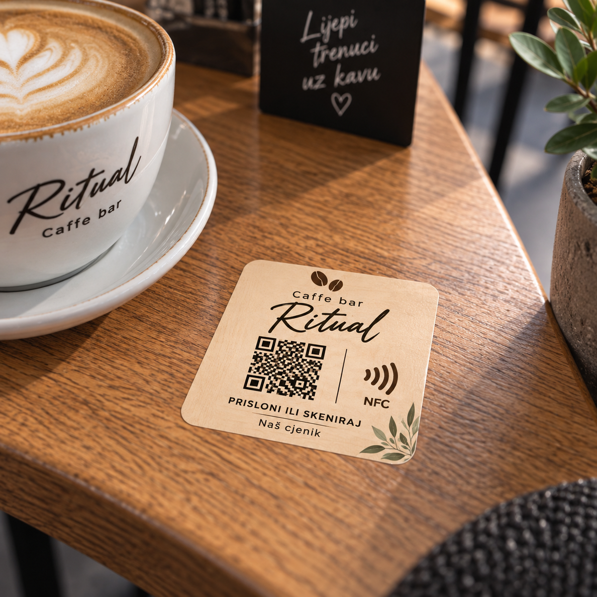 Smart cjenik — QR/NFC naljepnica, Caffe Bar Ritual mockup