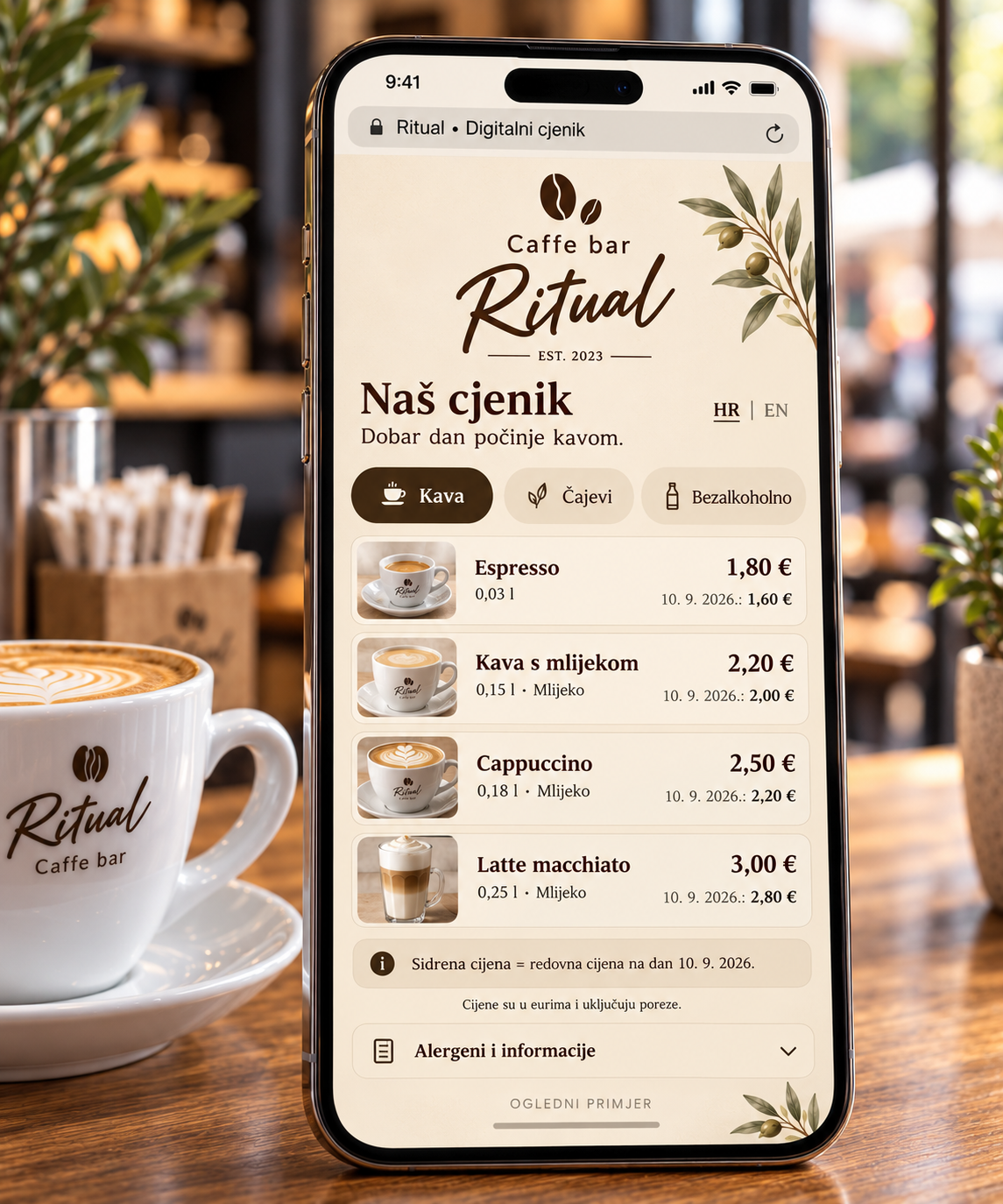 Digitalni cjenik na mobitelu - primjer prikaza nakon skeniranja QR koda