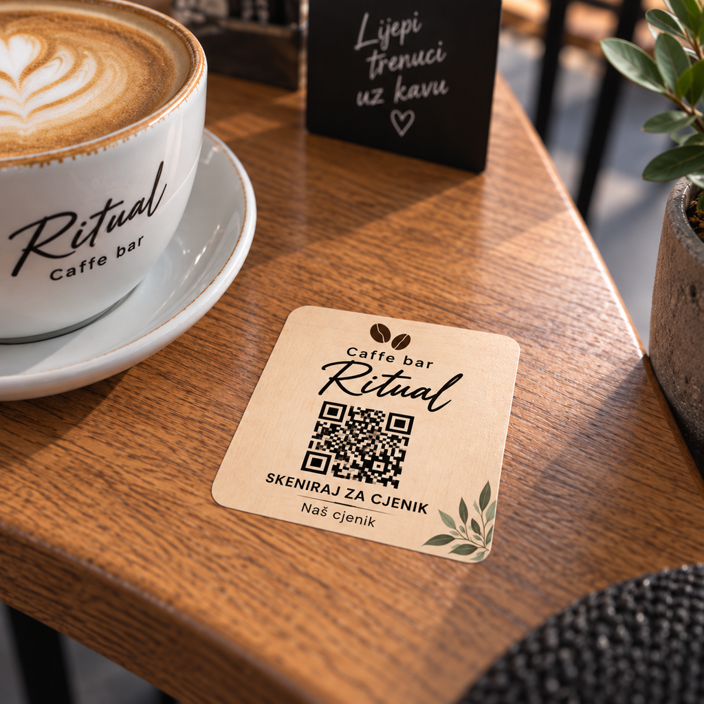 Smart cjenik - QR naljepnica na stolu caffe bara